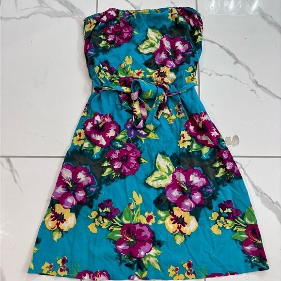 H&M Blue Multi Floral Strapless Bandeau Dress Sz 6 EUC​ - Picture 3 of 11